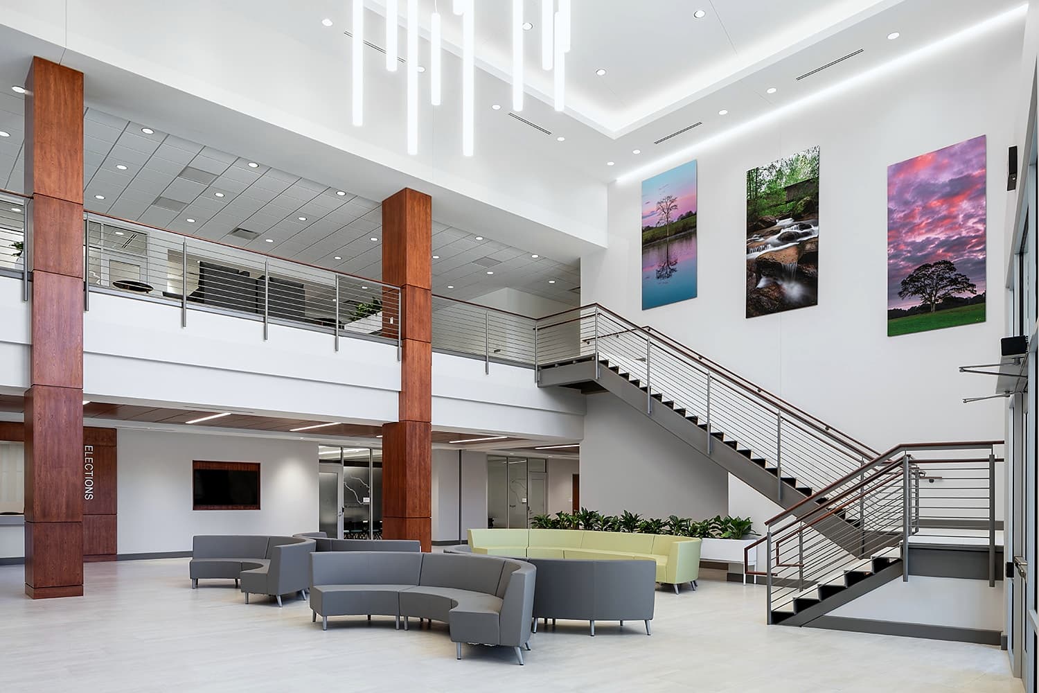The atrium and staircase inside the Oconee County Administrative Building in Watkinsville, Georgia
