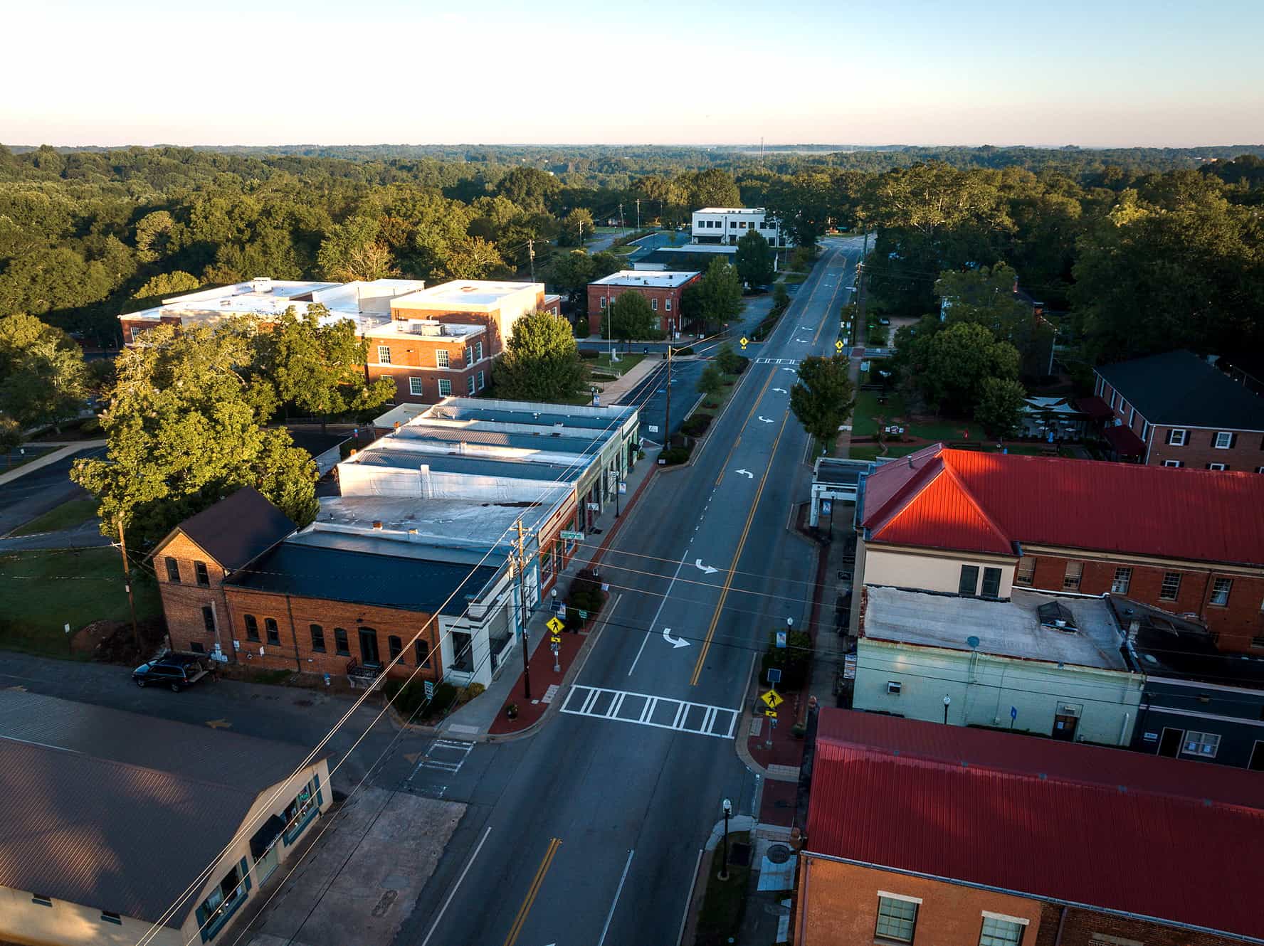 Aerial view of Main Street in downtown Watkinsville, Georgia, one mile from Moreland Heights Business Park