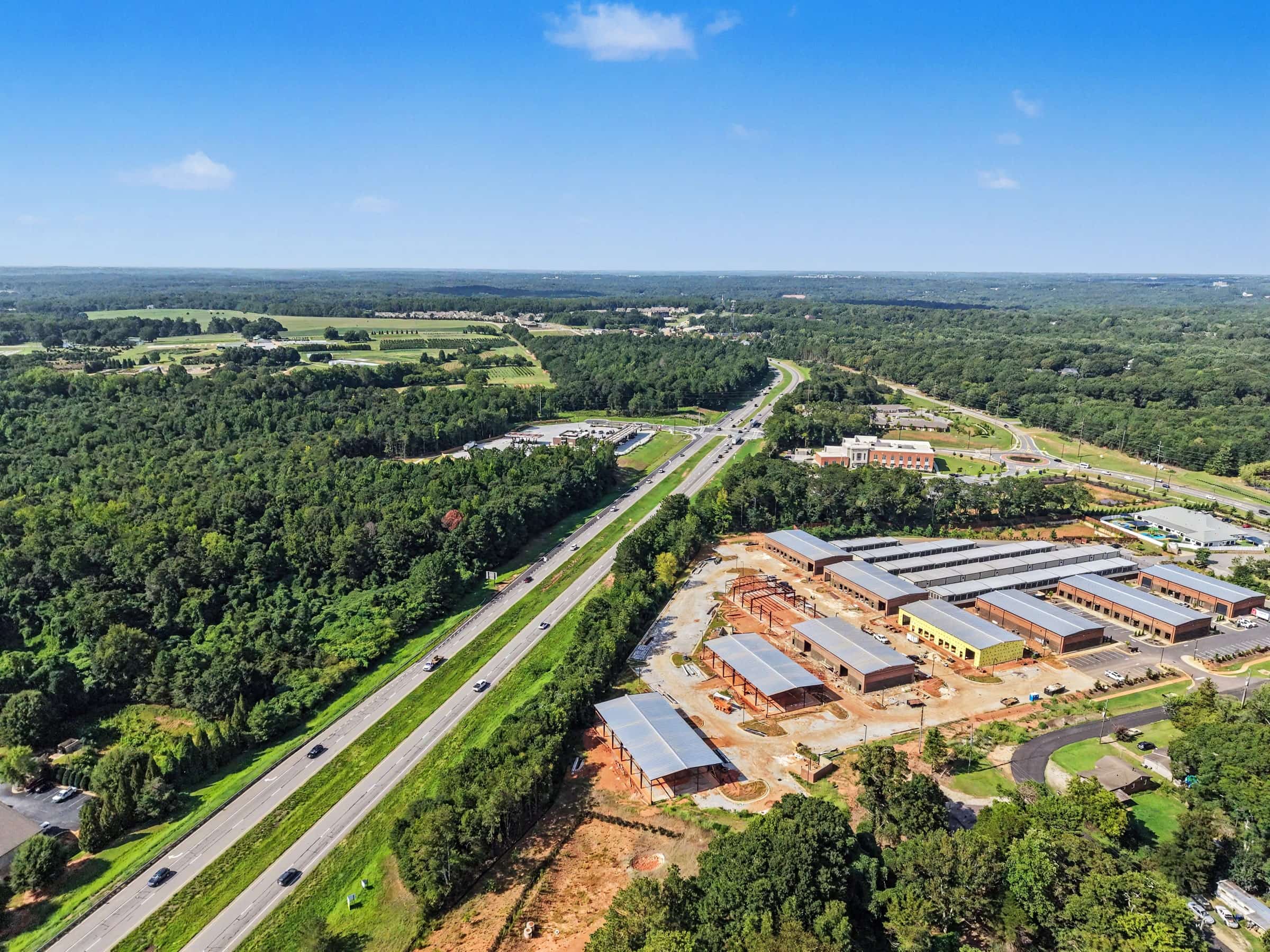 Aerial view showing the frontage and visibility of Moreland Heights Business Park from US 441 in Watkinsville, Georgia